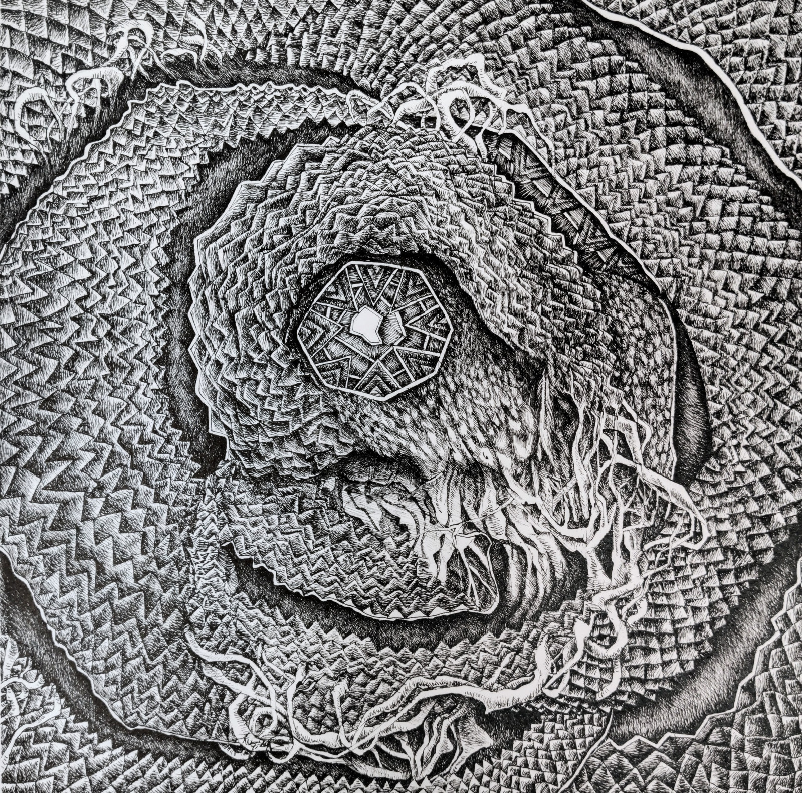 Dragons Lair, detailed black and white fantasy artwork with organic scale-like forms in pen and ink by Neringa Zibaite.