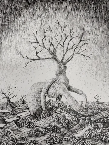 Surrealistisk penn- og blekktegning av en elefantlignende skapning med et bart tre på ryggen i et goldt landskap med knokler, av Neringa Zibaite.