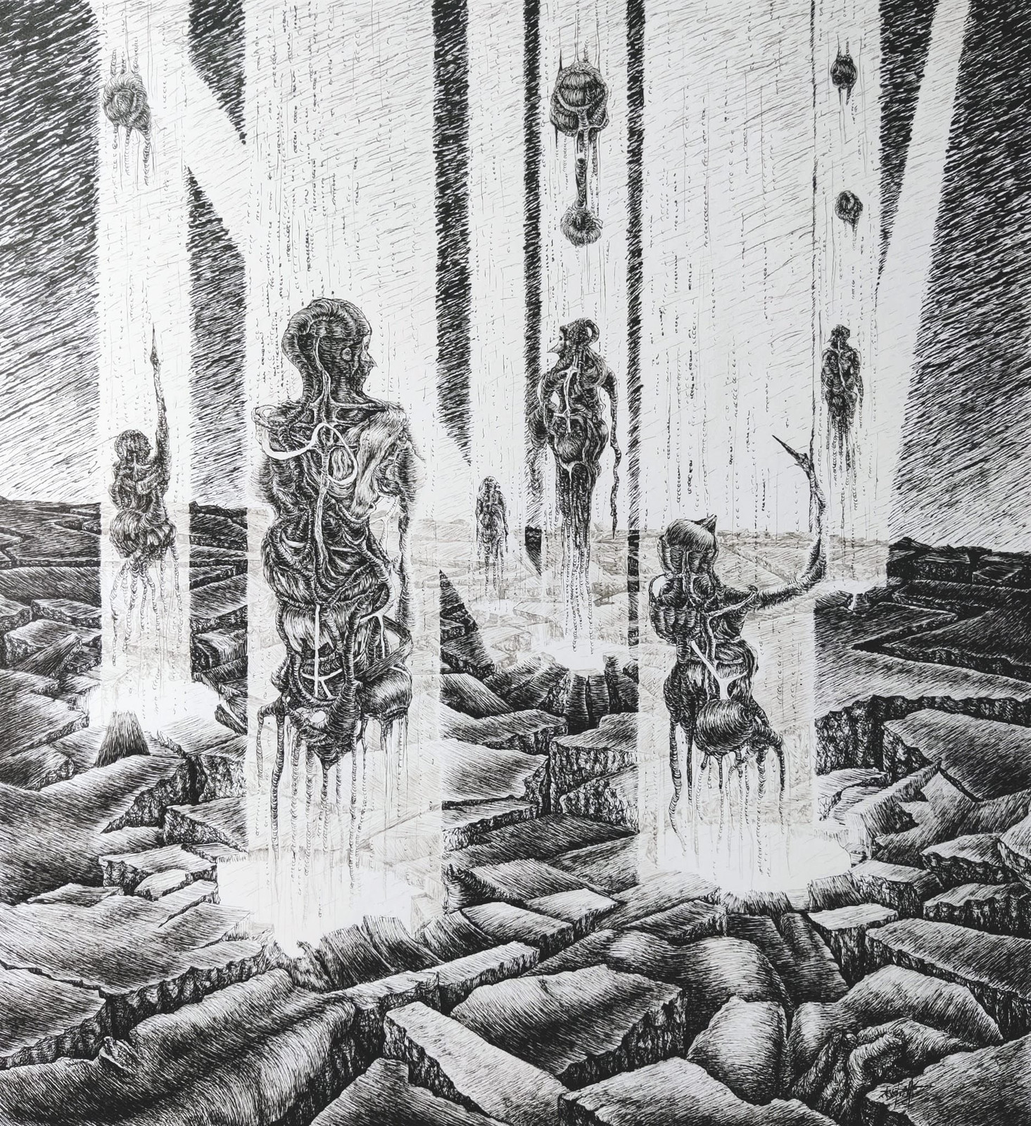 Surrealistisk penn- og blekktegning av organiske humanoide drakter som bryter frem gjennom et sprukket fremmed landskap, av Neringa Zibaite.
