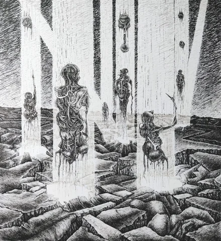 Surrealistisk penn- og blekktegning av organiske humanoide drakter som bryter frem gjennom et sprukket fremmed landskap, av Neringa Zibaite.
