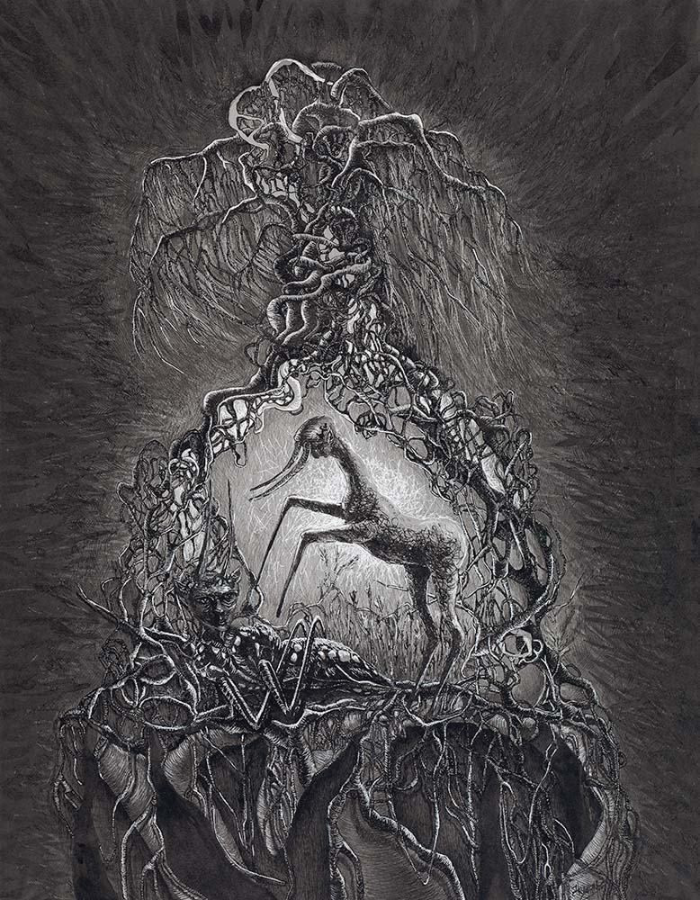 Surreal pen and ink drawing of a human face surrounded by roots, branches and organic forms, by Neringa Zibaite.